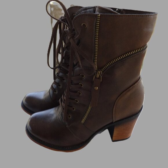Pierre Dumas Ravenna, women's 8M  two tone brown lace up zip up boots, 2" heels - Picture 2 of 16
